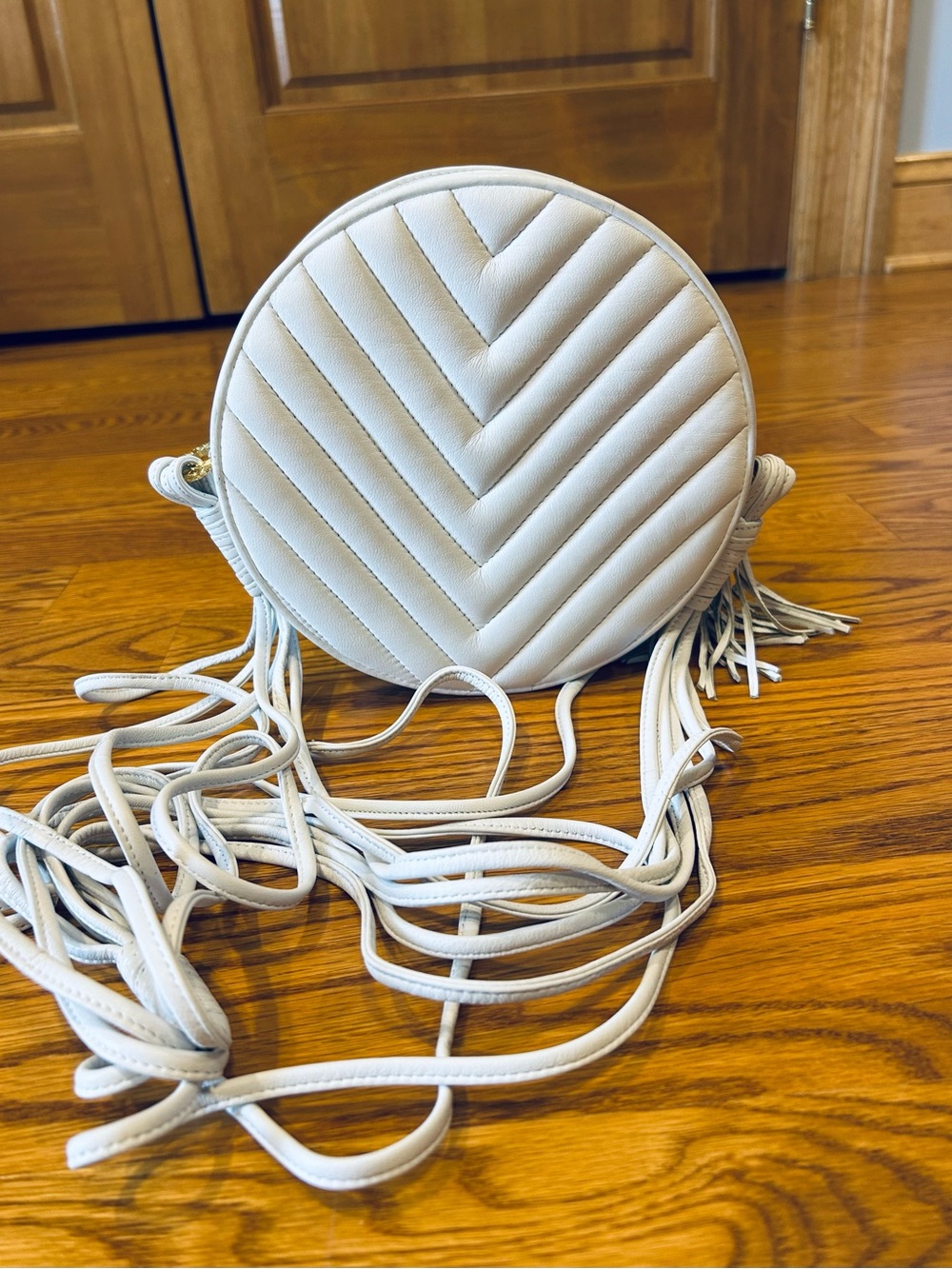 Italian Leather White Quilted Round Crossbody Bag with Fringe
